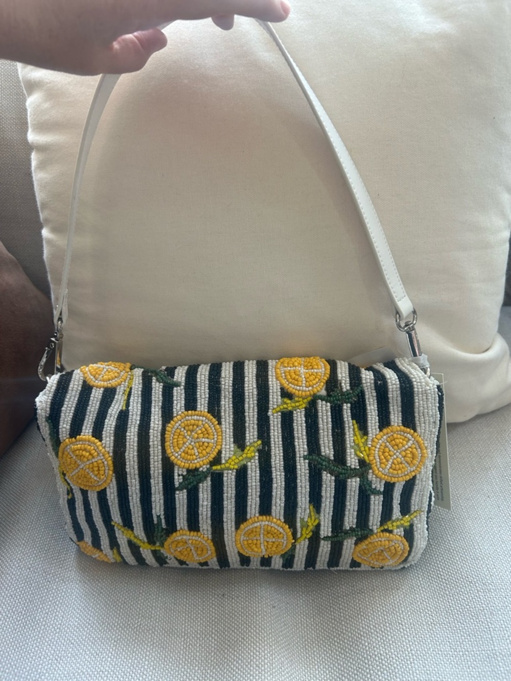 Viral Beaded Lemon Stripe Shoulder Bag - White/Black/Yellow - Picture 3 of 8